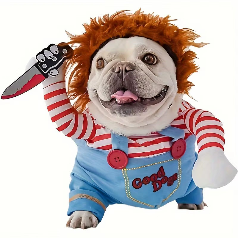 Halloween Pet Dog Clothes Transformed Pet Apparel and Wig for Holiday Party Pet Supplies Funny Bloody Doll with Knife Dog Costum