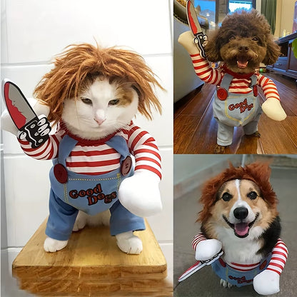 Halloween Pet Dog Clothes Transformed Pet Apparel and Wig for Holiday Party Pet Supplies Funny Bloody Doll with Knife Dog Costum