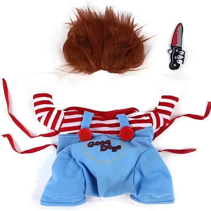 Halloween Pet Dog Clothes Transformed Pet Apparel and Wig for Holiday Party Pet Supplies Funny Bloody Doll with Knife Dog Costum